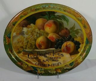 College Ices With C&M Crushed Fruits Tin Litho Soda Fountain Tray Ice Cream Adv 4