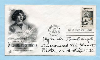 Clyde Tombaugh Signed 1973 Copernicus Fdc Cover (w/ Handwritten Caption) Pluto