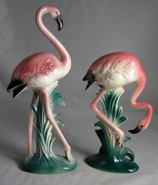 2 Vintage Ceramic Pink Flamingo Figurines 10” California Pottery 1950’s Exc.