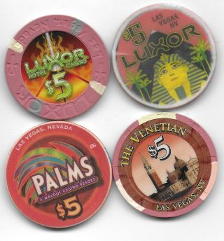 4 Different $5 Casino Chips From Various Las Vegas Casinos - Luxor - Palms - Venetian