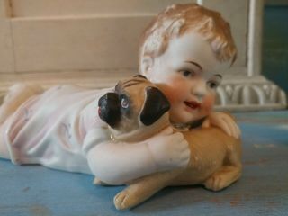 Antique Heubach Germany Bisque Porcelain Piano Baby With Pug Dog,  Medium Size