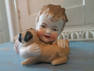 ANTIQUE HEUBACH GERMANY BISQUE PORCELAIN PIANO BABY WITH PUG DOG,  MEDIUM SIZE 2