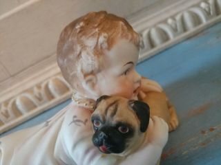 ANTIQUE HEUBACH GERMANY BISQUE PORCELAIN PIANO BABY WITH PUG DOG,  MEDIUM SIZE 4