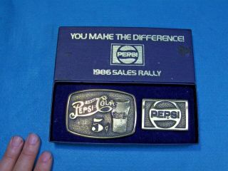 Set Of 2 Pepsi Cola Dealer 1986 Sales Rally Usa Brass Belt Buckles Advertising