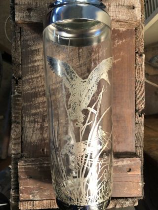 Vintage Glass Cocktail Shaker With Silver Overlay Flying Geese 10 " Lid Stuck