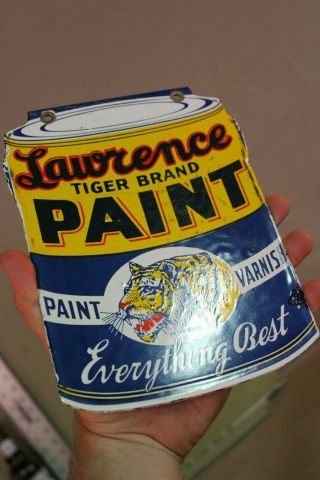 Lawrence Tiger Brand Paint Varnish Porcelain Metal Dealer Sign Gas Oil Animal 66