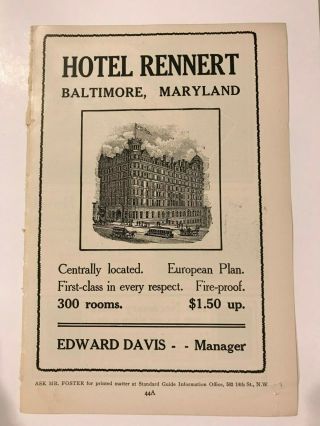 Antique 1912 Print Ad Hotel Rennert Baltimore Maryland Travel