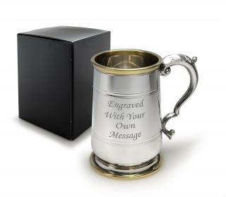Personalised 1 Pint Pewter Hallam Tankard / Mug With Brass Trim - Can Be Engraved