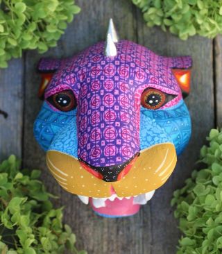Alebrijes Spiked Jaguar Head Hand Carved & Painted Wood Oaxaca Mexican Folk Art