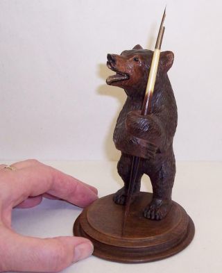 Wonderful Vintage Antique Carved Wooden Bear With Quill Dip Pen Black Forest