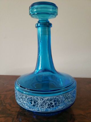 Vintage 8” Blue Glass Decanter Bottle W/ Decorative Band & Stopper 0.  5l Belgium
