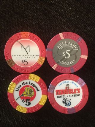 (4) $5 Las Vegas Casino Chips: Bellagio,  M Resort,  Terrible 