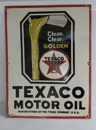 Texaco Motor Oil Spigot Can Porcelain Sign " Clear Golden "