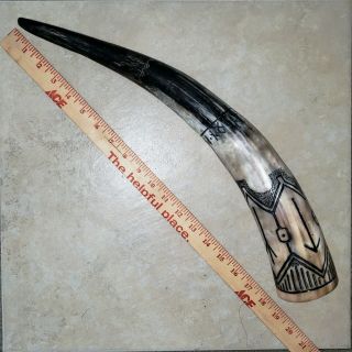 19 - 20 Inch Hand Carved Viking Drinking Horn And Leather Belt Holder