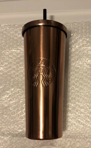 Starbucks 2017 Rose Gold Stainless Steel Cold Cup W/gold Lid Tumber 24 Oz