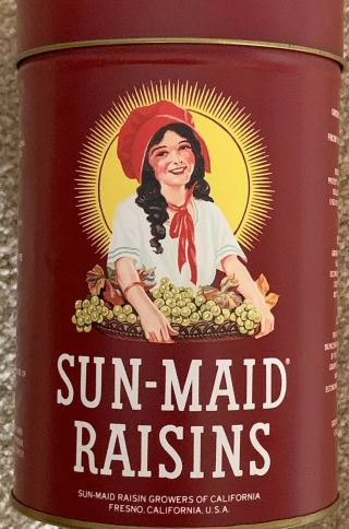 1987 Sun - Maid Raisins,  Collectible Tin Can,  Cookie Recipe On Back,  6.  5 " Vintage