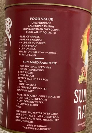 1987 Sun - Maid Raisins,  Collectible Tin Can,  Cookie Recipe on Back,  6.  5 