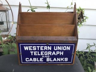 Antique Western Union Telegraph And Cable Blanks Porcelain Sign Advertising Rack
