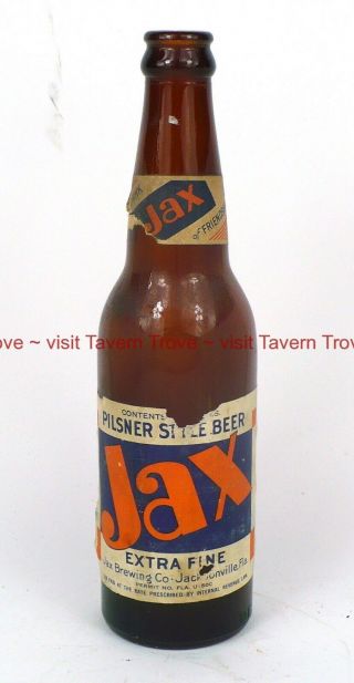 Nicer 1940s Florida Jacksonville Jax Pilsener Beer Longneck Bottle Tavern Trove