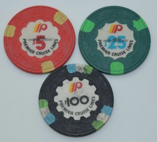 Set Of 3 Premier Cruise Lines $5 - $25 - $100 Casino Chips H&c Paul - Son Mold