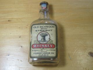 Vtg 1934 Half Pint Old Richwood Whiskey Bottle Cork Rockford Il Pioneer Liquor