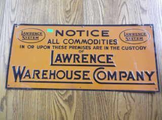 A569 Vintage Advertising Sign Lawrence Warehouse Co.  19 1/2 X 9 1/4