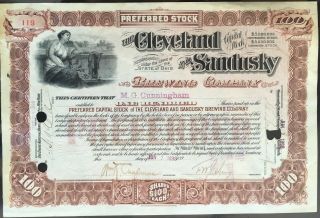 Cleveland & Sandusky Brewing Co Stock 1898 Oh President Gehring.  Certif.  119 Vf