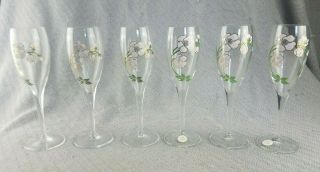 Perrier Jouet Champagne Glass Flute Hand Painted Flowers France Wedding Set Of 6
