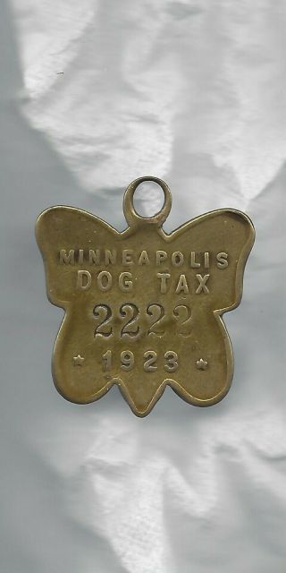 Minneapolis (mn) Dog License Tax Tag,  1923.  Serial 2222.  Brass Butterfly.
