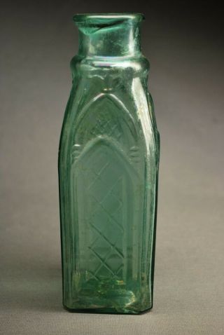 Antique Civil War Bottle Gothic Cathedral Pickle Jar 7”aqua W/ Iridescent Patina
