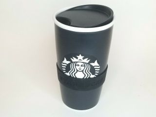 Starbucks Ceramic Travel Mug 12 Oz Black White Logo 2016 Tall Siren Heat Band