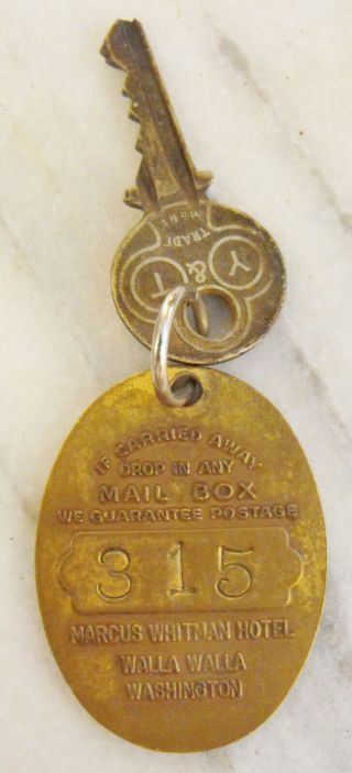 Antique Brass Key Tag Fob From Lengendary Marcus Whittman Hotel Walla Walla Wa