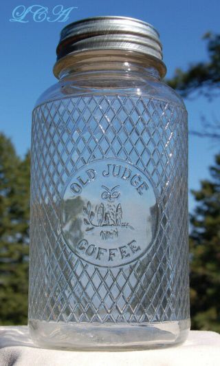 Antique Old Judge Coffee Jar W/ Pic Of Owl Evans Coffee Co.  St Louis Missouri