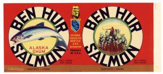 Ben Hur Brand,  Salmon Seattle,  Wa,  An 1950’s Tin Can Label O17