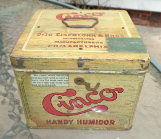 Graphic Old Cinco Cigar Box Tin Litho Humidor