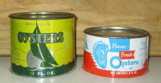 2 Vintage Oyster Tin Cans - Wescoat Steelman 12 Oz & H V Drewer 8 Oz
