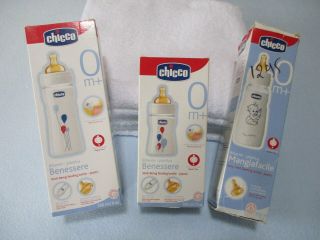 3 Vintage Chicco Baby Bottles With Rubber Feeding Teats & Boxes.