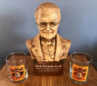 Rare Antique Old Grand Dad Whiskey Advertising Display Bust With 2 Glasses