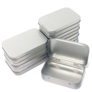 Small Metal Tin Box Storage Case Rectangular Containers With Hinged Silver 8pack
