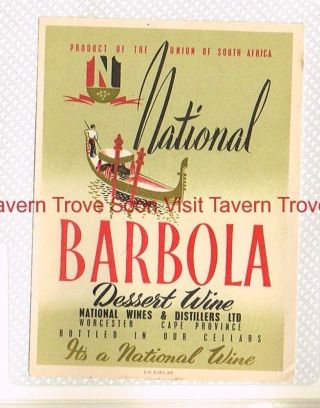 1940s South Africa Worcester National Barbola Dessert Wine Label