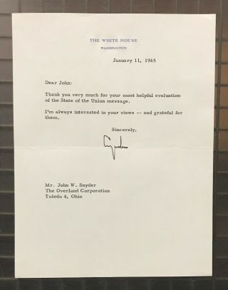 President Lyndon B.  Johnson Lbj Signed 1965 White House Letter Autographed Auto