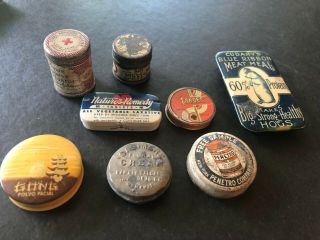 Group Small Antique Tins - Medicine,  Rouge,  Perfume,  Cold Relief & Honing Stone