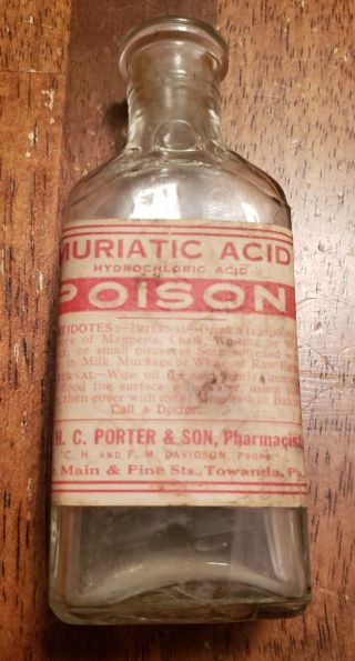 Dr.  H.  C.  Porter Towanda Pa Vintage Poison Bottle Muriatic Acid Paper Label