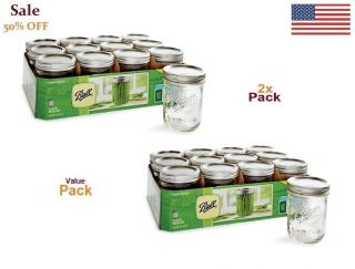 Ball Wide Mouth Pint Canning Mason Jars,  Lids & Bands Clear Glass,  16oz 24 - Pack