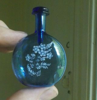 Cobalt Blue Hand Blown Perfume Bottle With Hand Painted White Flowers & Stopper