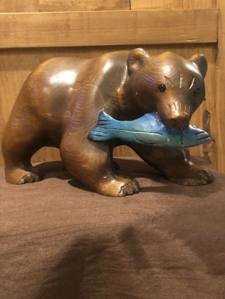 Rare Vintage Hand Carved Wood Whittler’s Mother” Bear With Fish By Ed Hasbroock