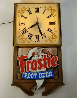 Collectible Frostie Root Beer Lighted Wall Clock Adv.  Sign Made By Essex Npi