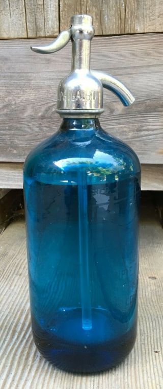 Vintage Seltzer Bottle Mar - Mit Phila Pa Philadelphia Made In Czech.  Blue Aqua