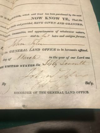 John Tyler Signed Land Grant Document President Usa Rare 3/10/1843