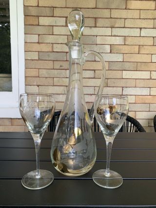Vintage Etched Glass Gold Floral Decanter W Pair Wine Glasses